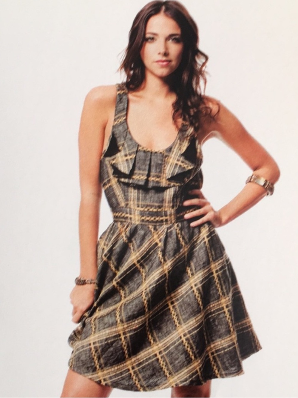 Karen Zambos LIKE NEW Plaid Ruffle-Front Fit Flare Dress